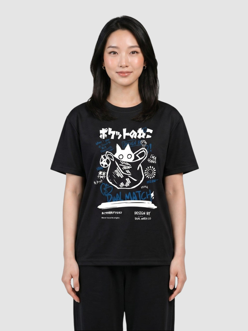 Y2K Avenue black unisex t-shirt with a white and blue Japanese cat graffiti print, round neck and short sleeves