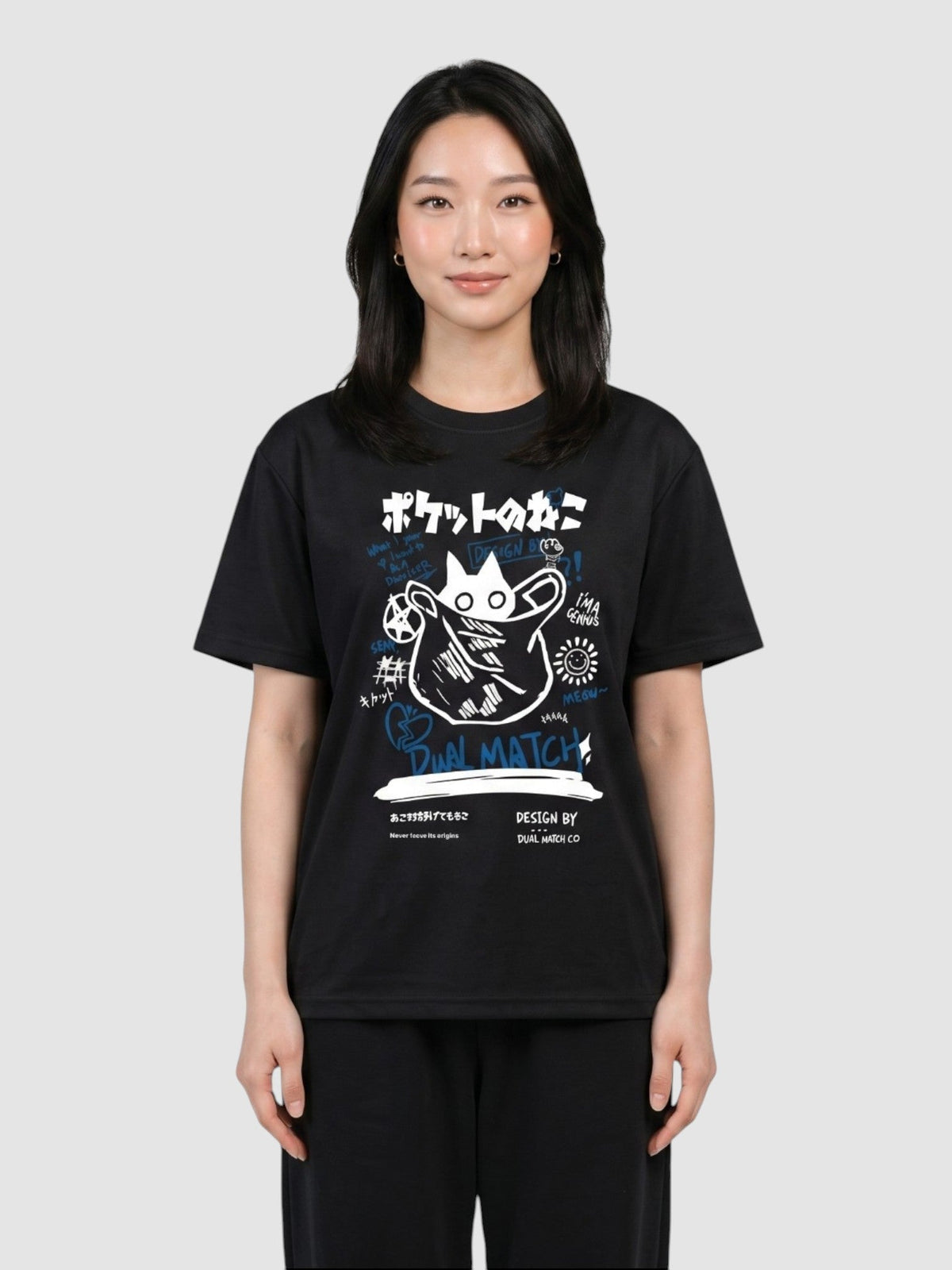 Y2K Avenue black unisex t-shirt with a white and blue Japanese cat graffiti print, round neck and short sleeves