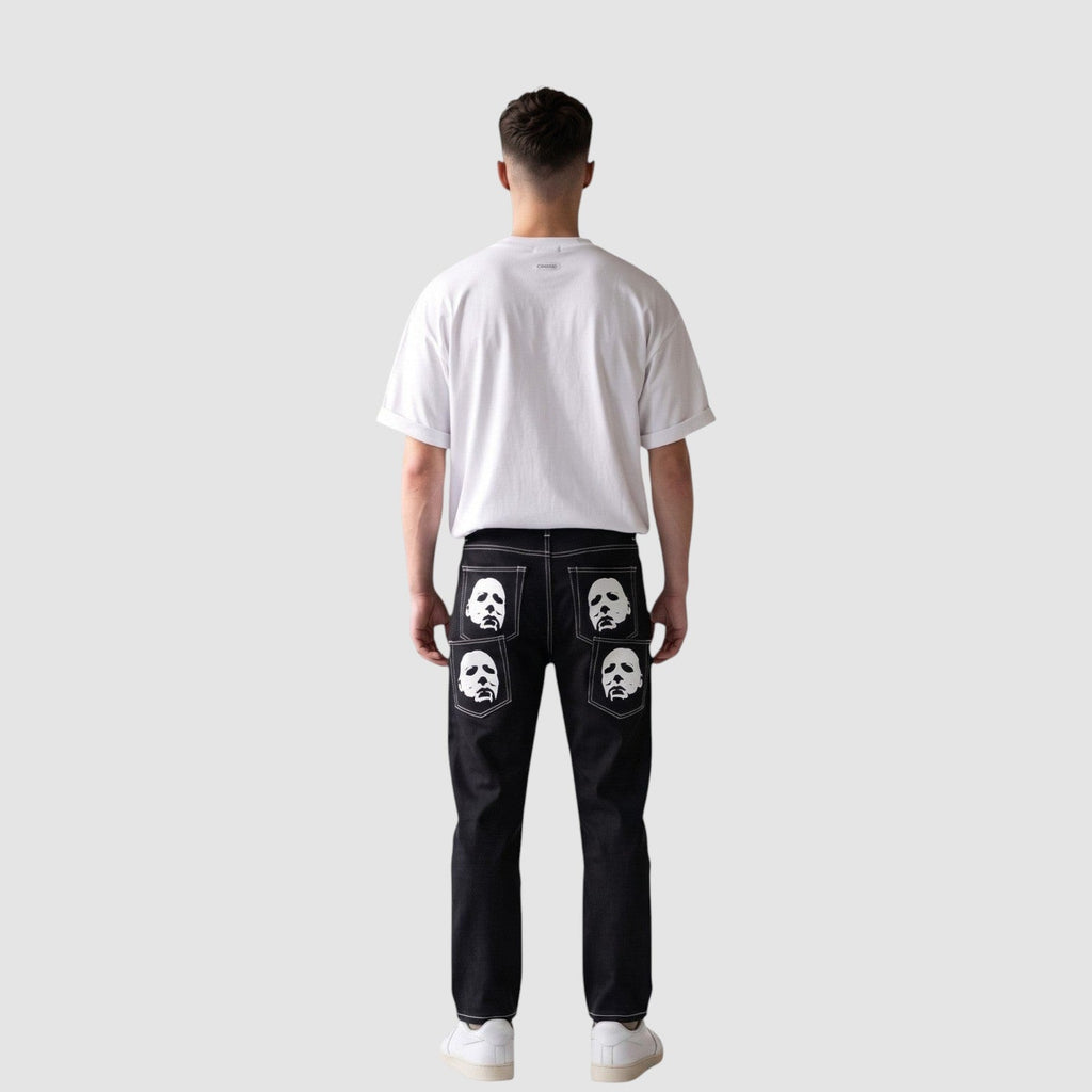 Y2K Avenue black straight-leg denim jeans with white mask prints on back pockets and contrast white stitching