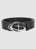 Y2K Avenue black faux leather belt featuring a polished silver-tone oval tourbillon buckle with wave-like design.