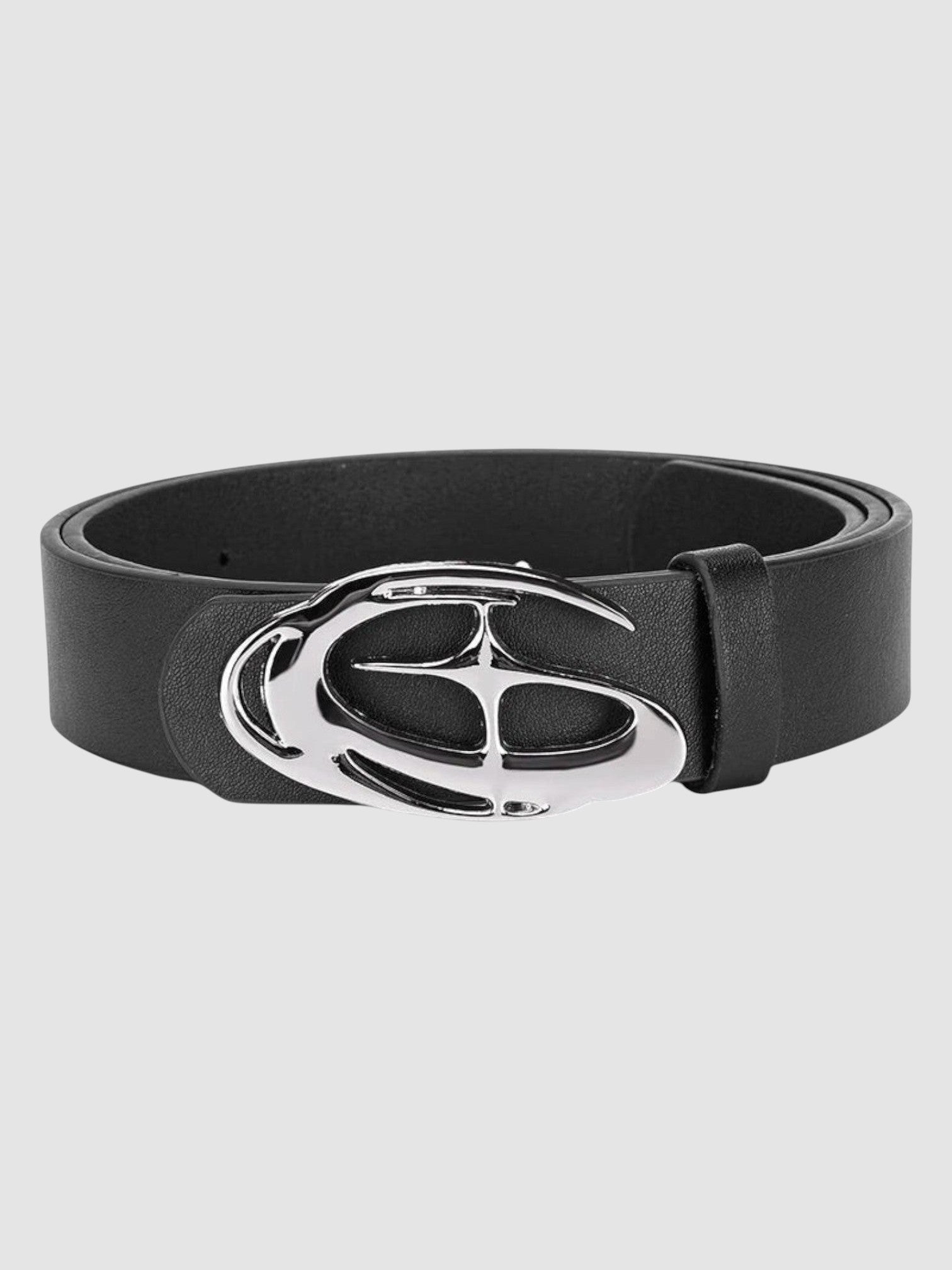 Y2K Avenue black faux leather belt featuring a polished silver-tone oval tourbillon buckle with wave-like design.