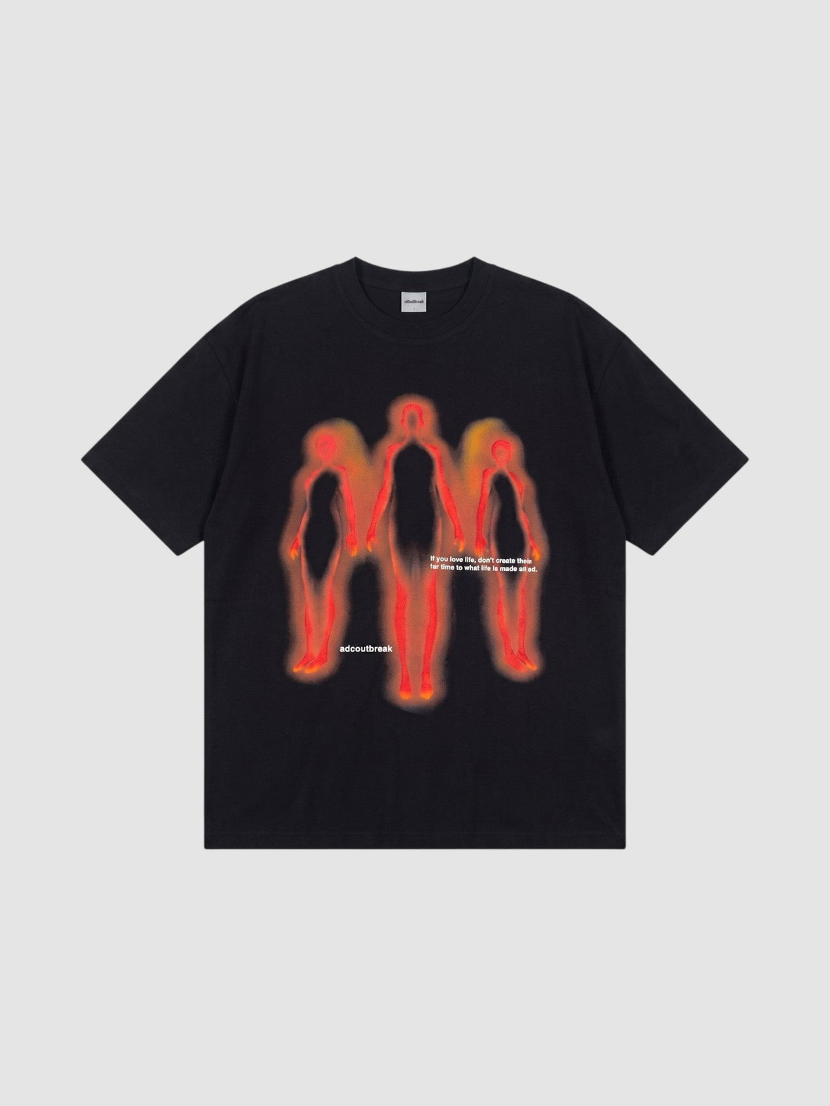 Y2K Avenue black oversized cotton t-shirt featuring a thermal-style graphic of three silhouettes in red and orange.