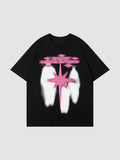 Y2K Avenue black cotton t-shirt with a pink neon star graphic, white blurred silhouettes, and Y2K lettering.