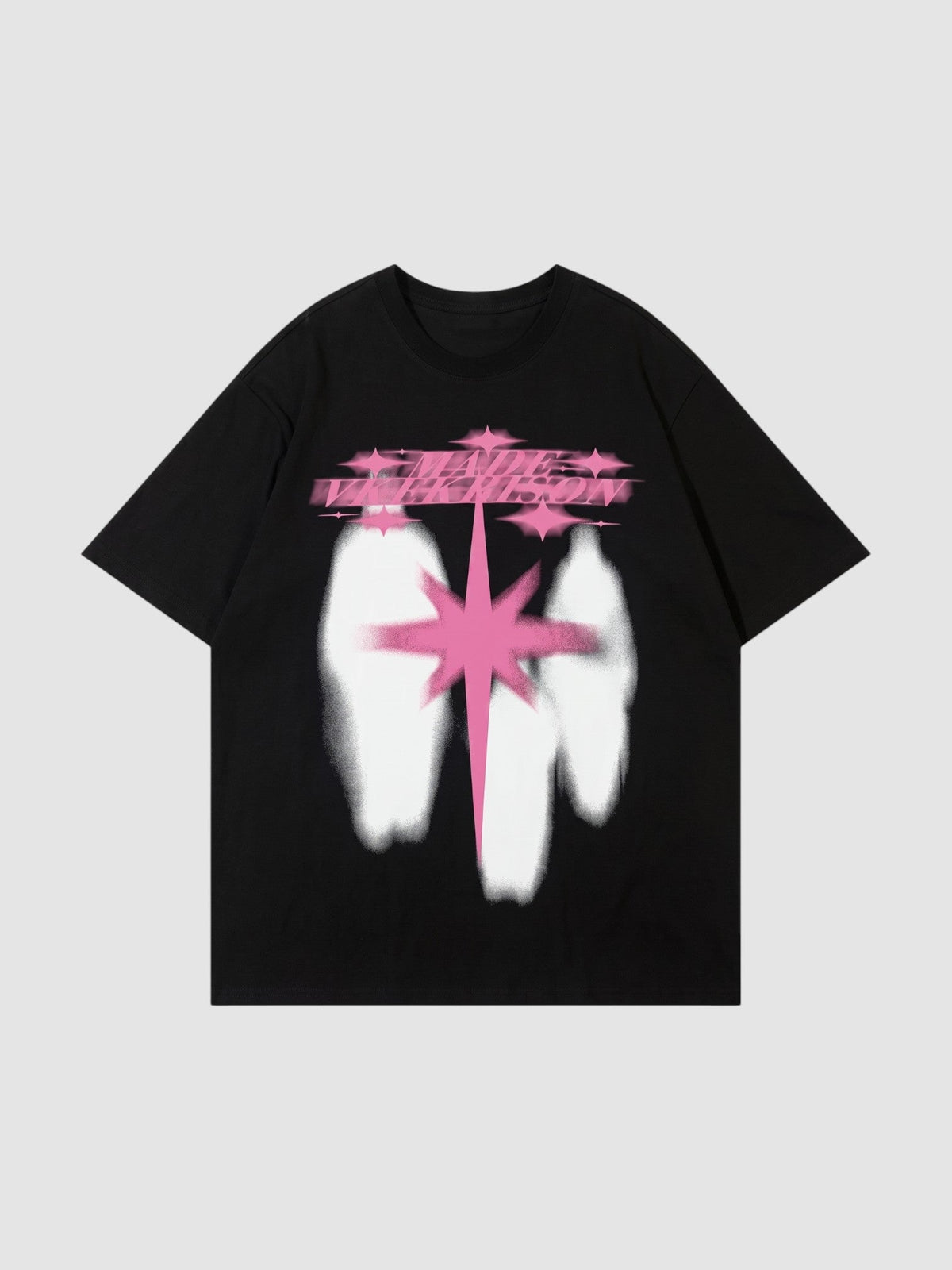 Y2K Avenue black cotton t-shirt with a pink neon star graphic, white blurred silhouettes, and Y2K lettering.