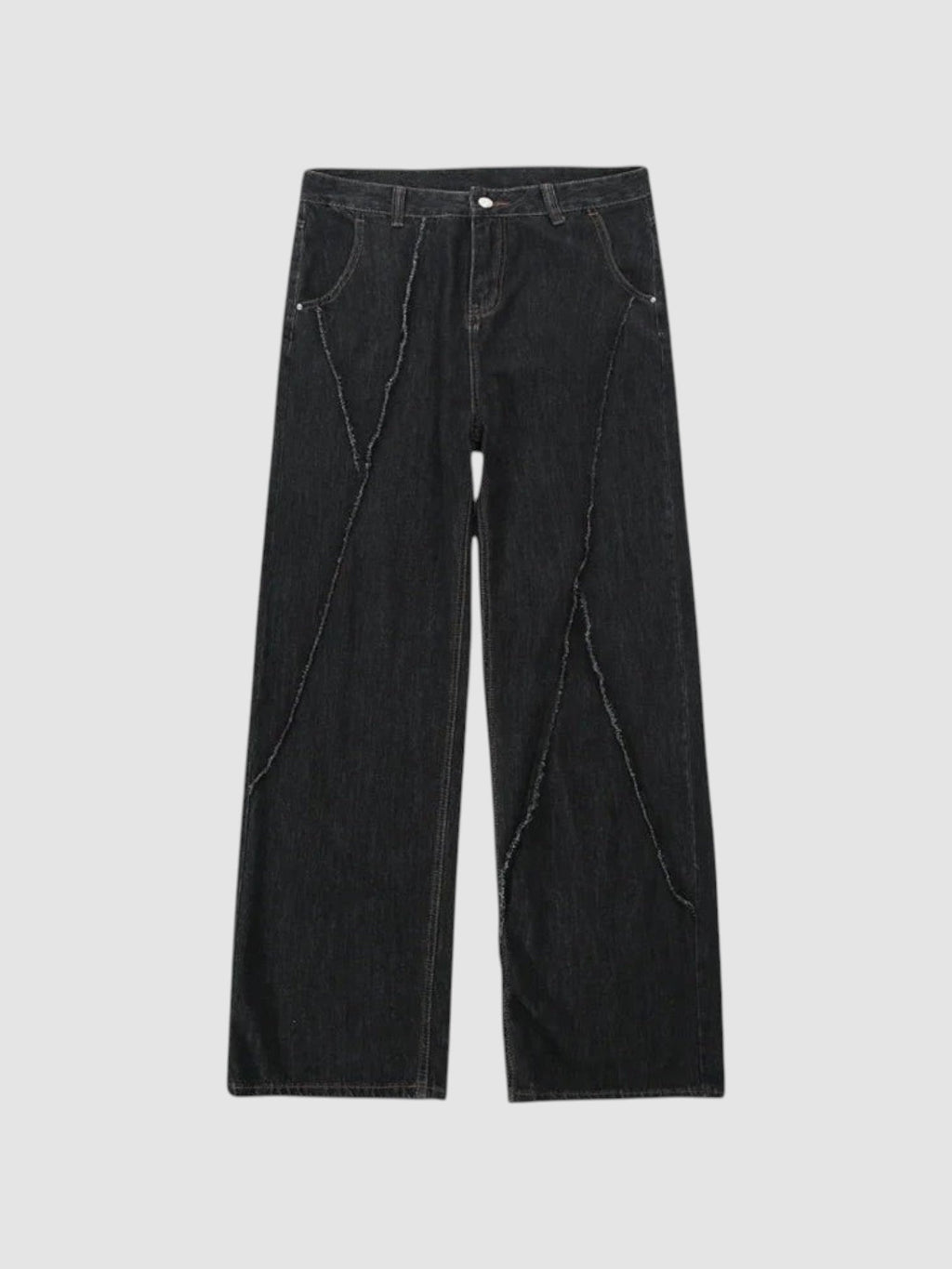 Y2K Avenue black wide-leg denim jeans featuring diagonal raw-edge seams and a button fly closure.