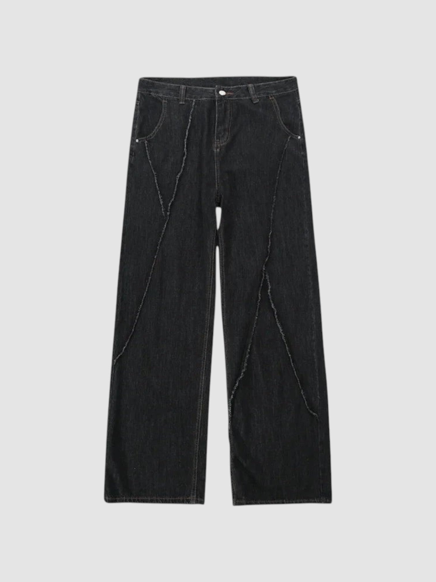 Y2K Avenue black wide-leg denim jeans featuring diagonal raw-edge seams and a button fly closure.