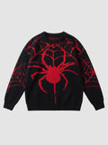 Y2K AVENUE black knit sweater featuring a large red embroidered spider and web design on the front and sleeves.