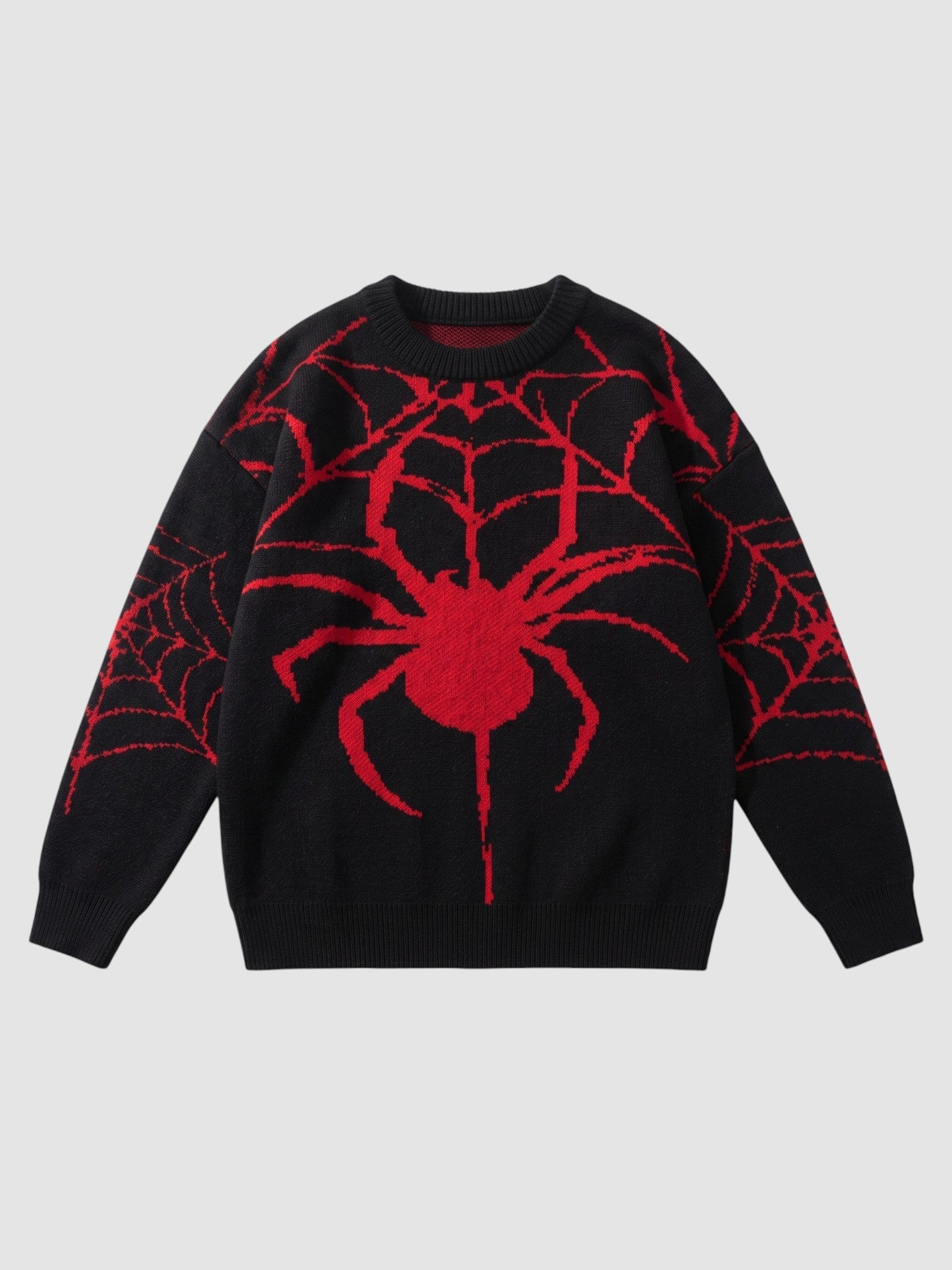 Y2K AVENUE black knit sweater featuring a large red embroidered spider and web design on the front and sleeves.