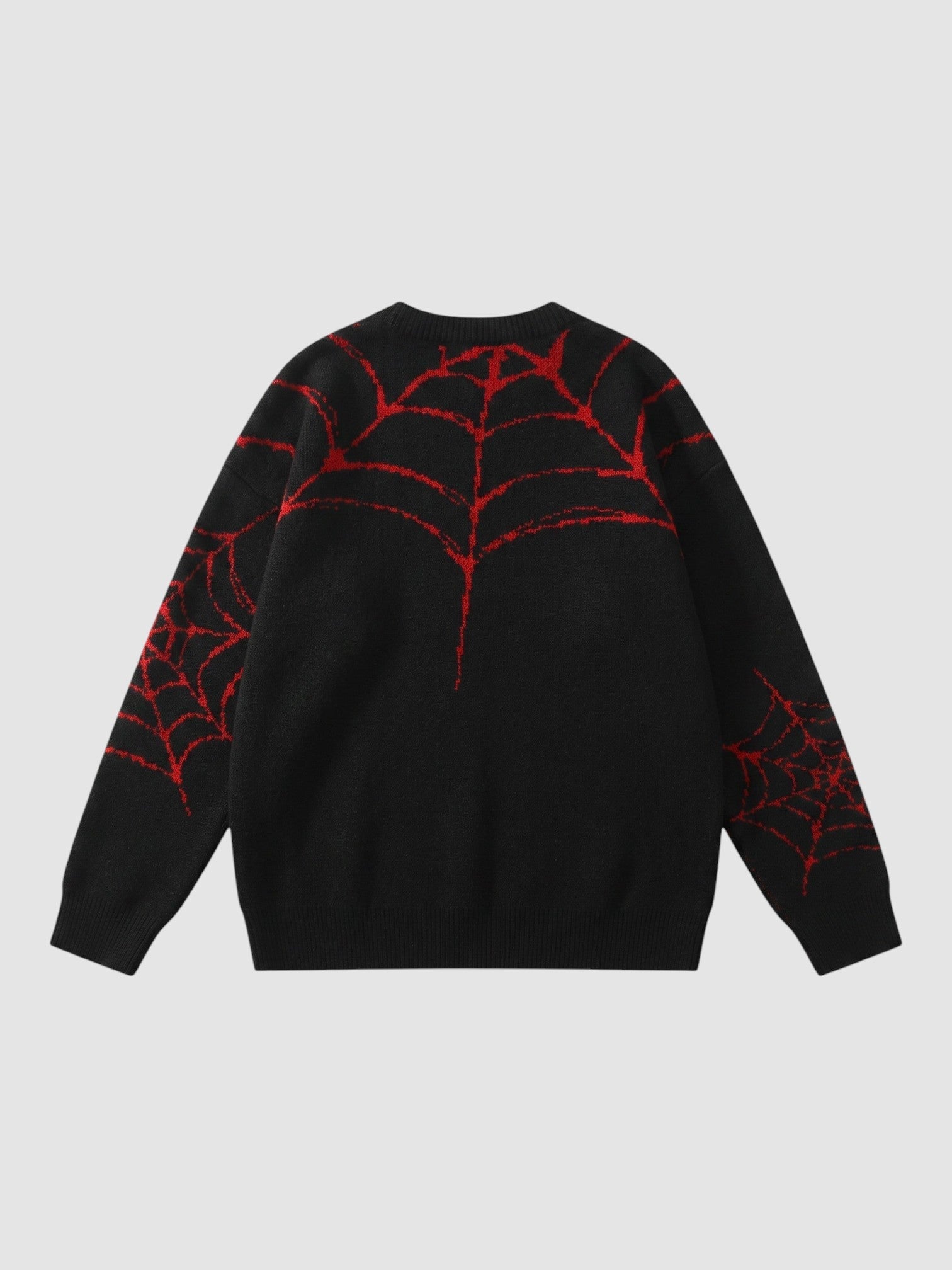 Y2K AVENUE black knit sweater with red spider web embroidery, featuring a crew neck and oversized streetwear fit.