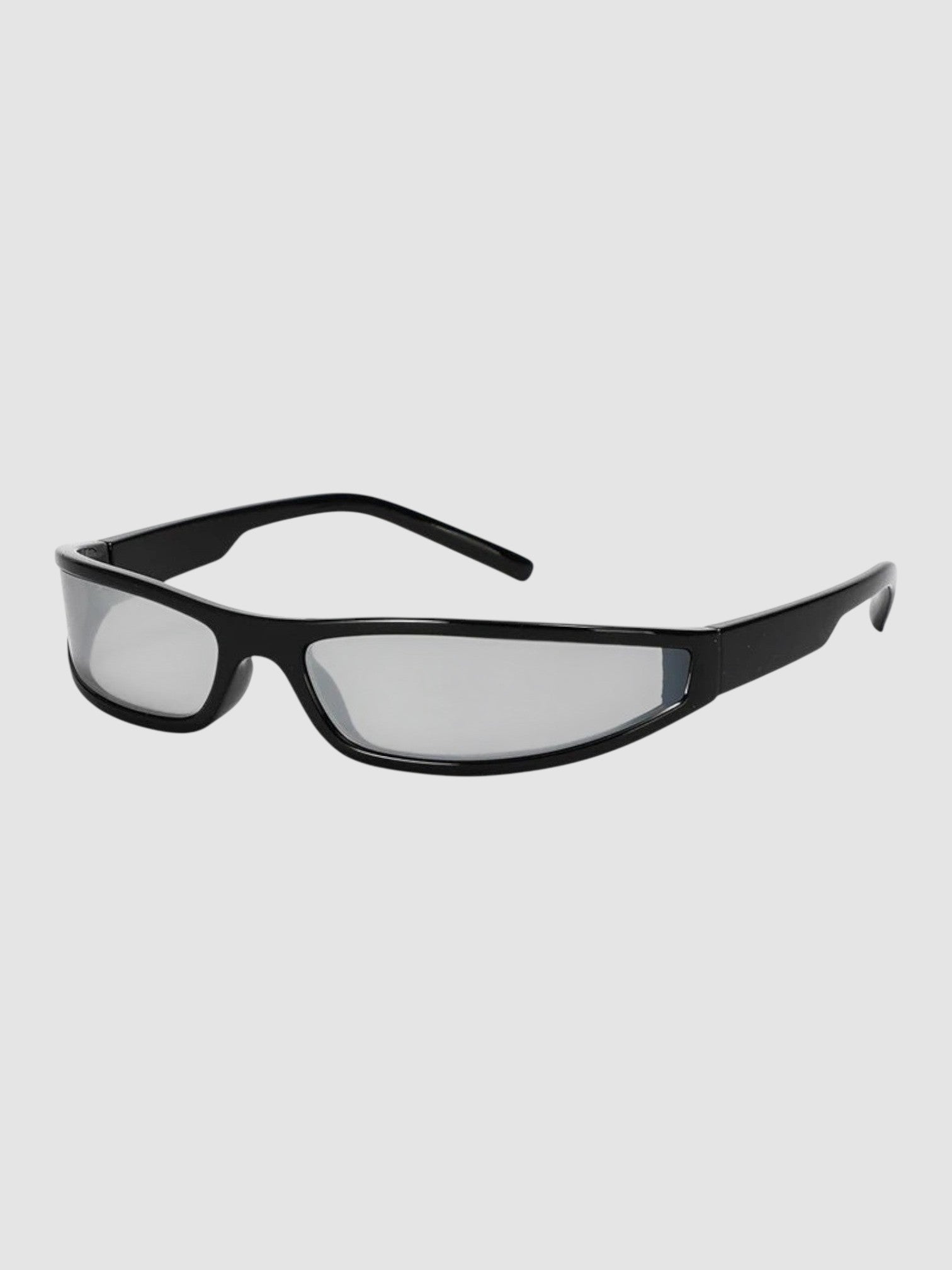 Y2K Avenue black retro sunglasses with a seamless block frame and silver mirrored lenses in a Y2K aesthetic style.