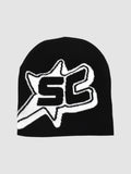 Y2K Avenue black skullie beanie featuring a white SC monogram inside a shooting star graphic