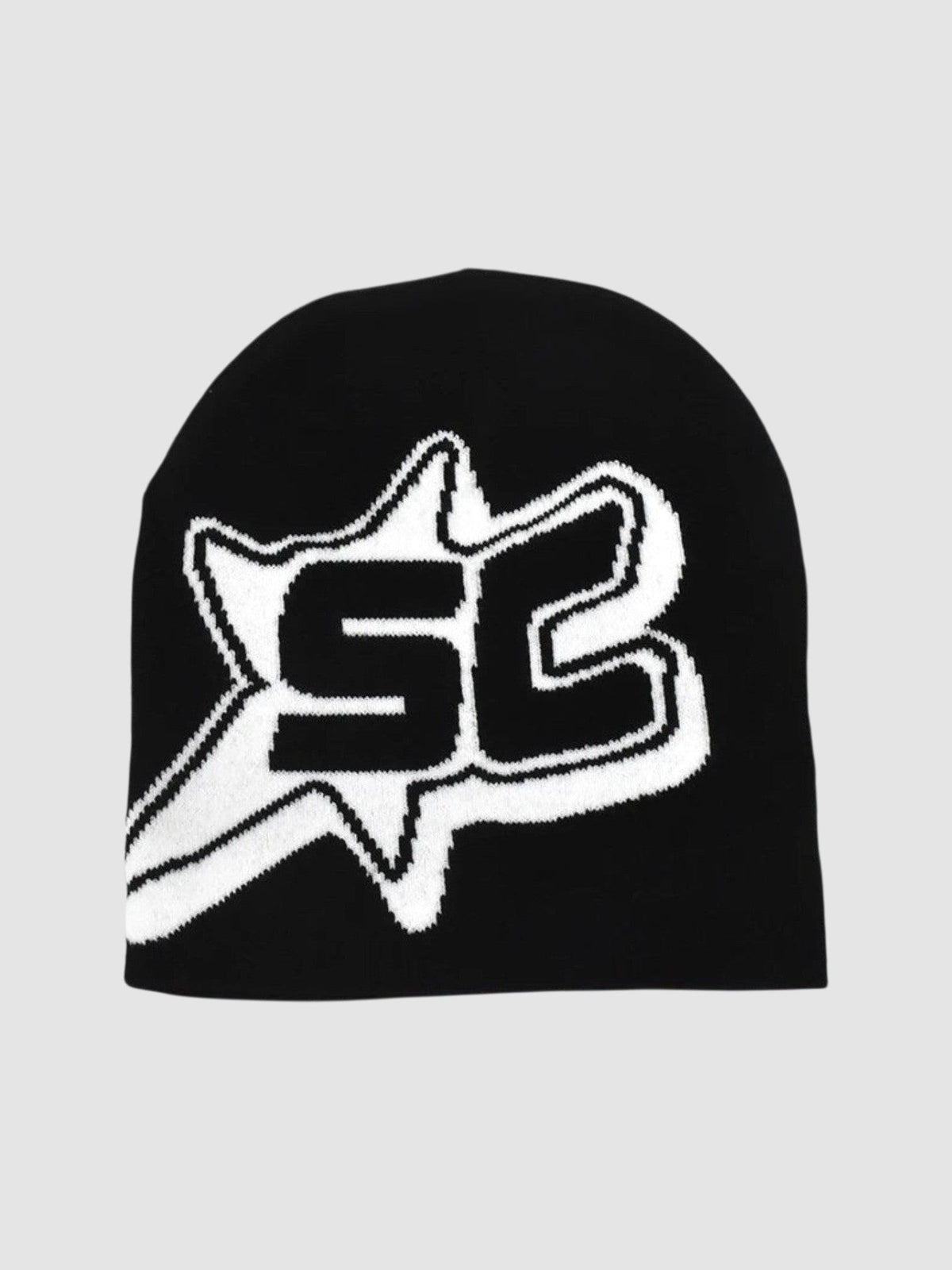 Y2K Avenue black skullie beanie featuring a white SC monogram inside a shooting star graphic