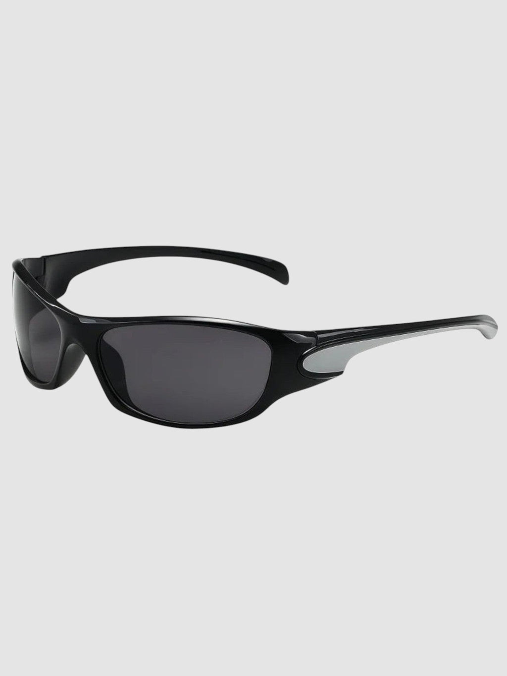 Y2K Avenue wraparound sport sunglasses in black and silver with anti-reflective UV400 lenses and rubber inserts