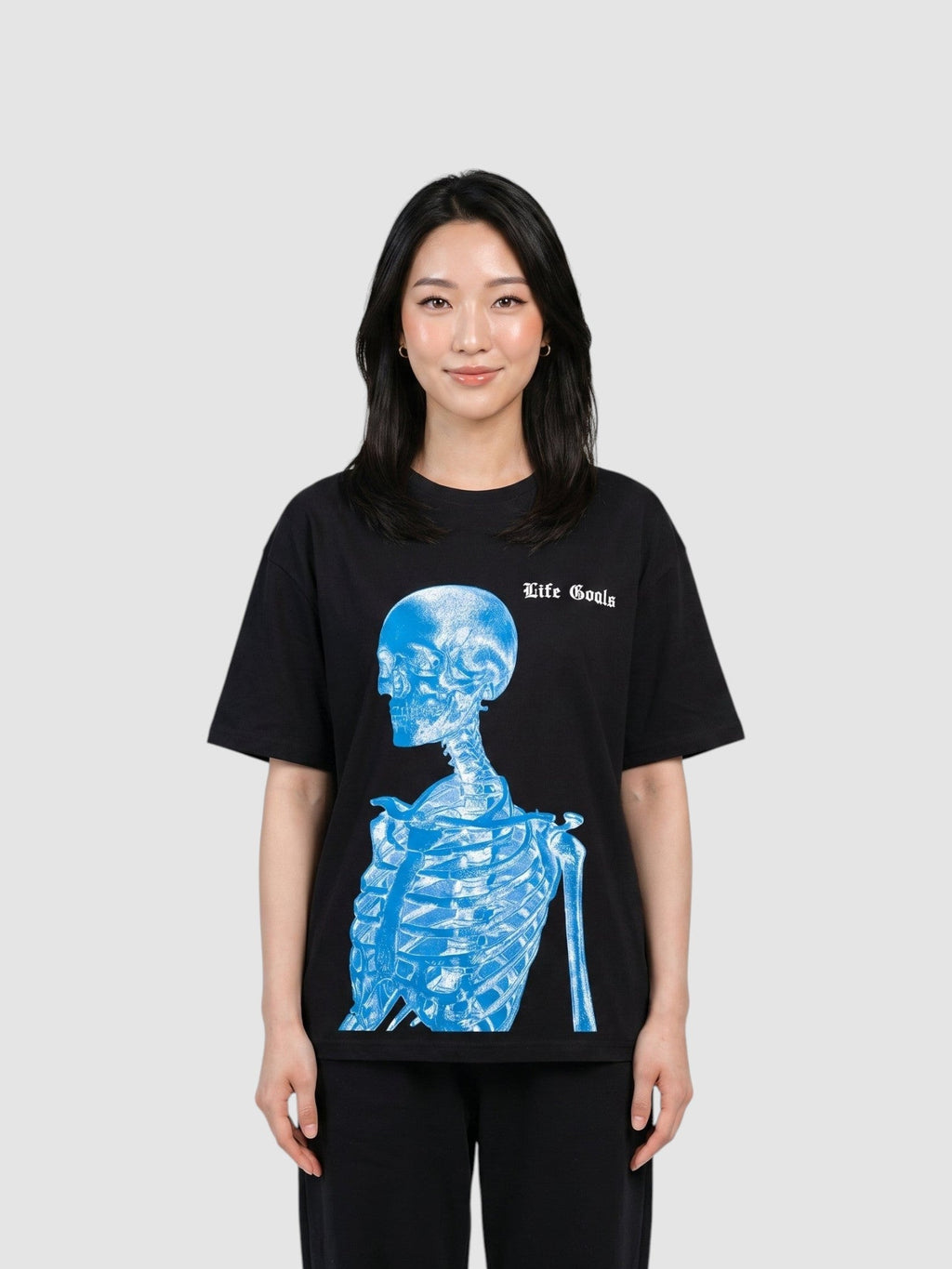 Y2K Avenue unisex black cotton t-shirt featuring a blue electric skeleton print and gothic Life Goals text