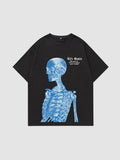 Y2K Avenue unisex black cotton t-shirt with a blue electric skeleton print and gothic Life Goals text