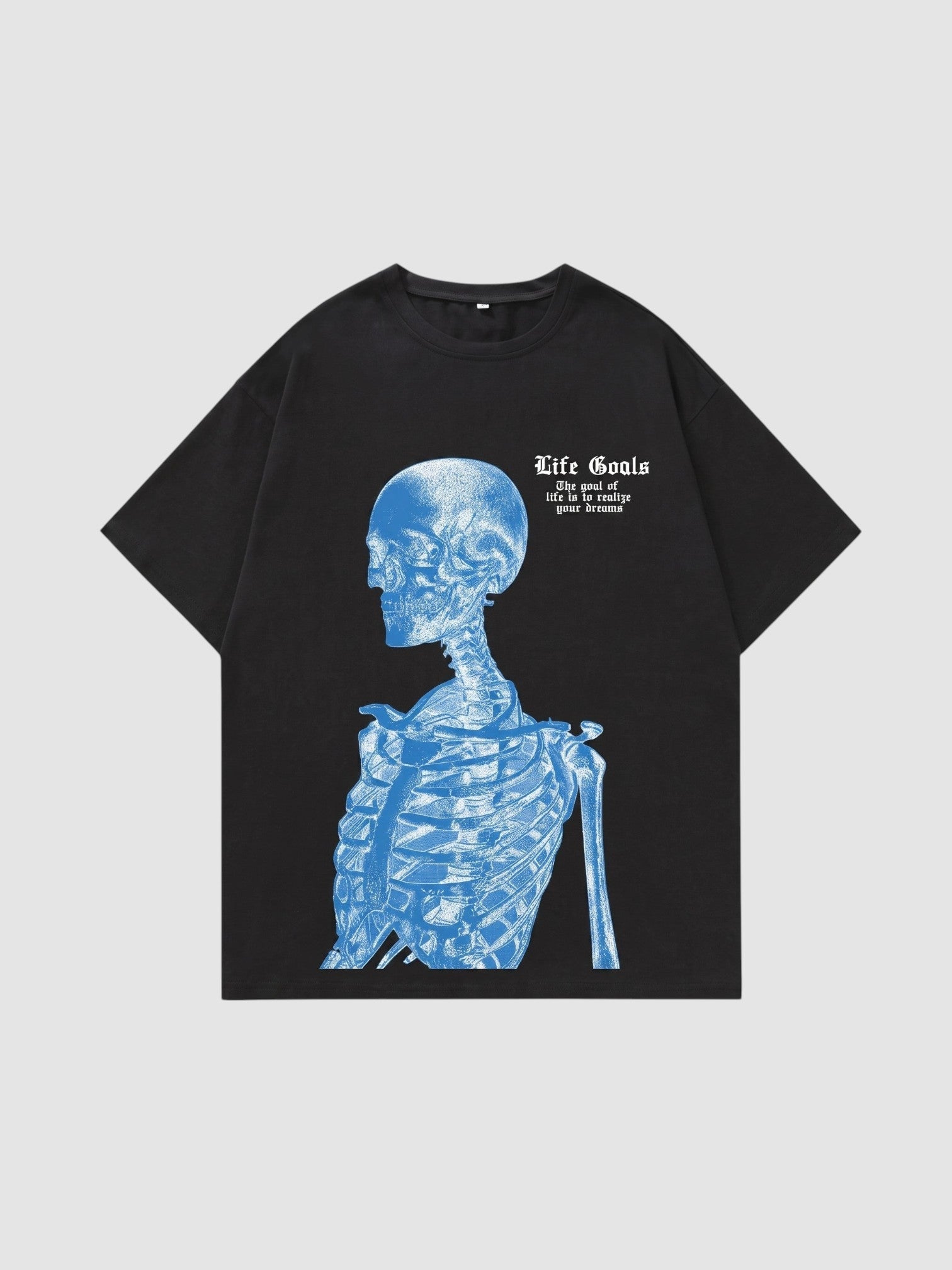 Y2K Avenue unisex black cotton t-shirt with a blue electric skeleton print and gothic Life Goals text