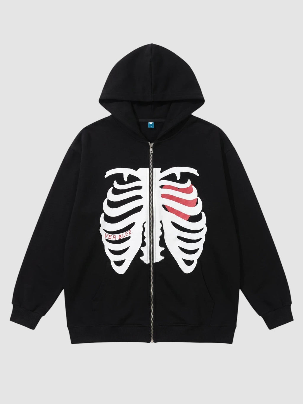 Y2K Avenue black zip-up hoodie featuring a white skeleton rib cage print with a red heart detail on the chest.