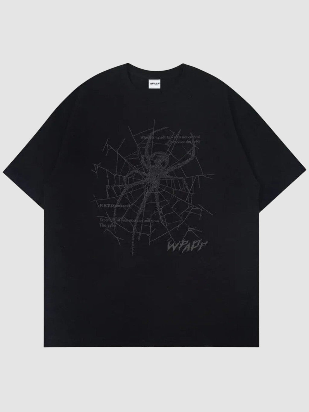 Y2K Avenue black oversized t-shirt featuring a dark grey spider web print and gothic lettering on the front.