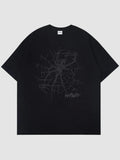 Y2K Avenue black oversized t-shirt featuring a dark grey spider web print and gothic lettering on the front.