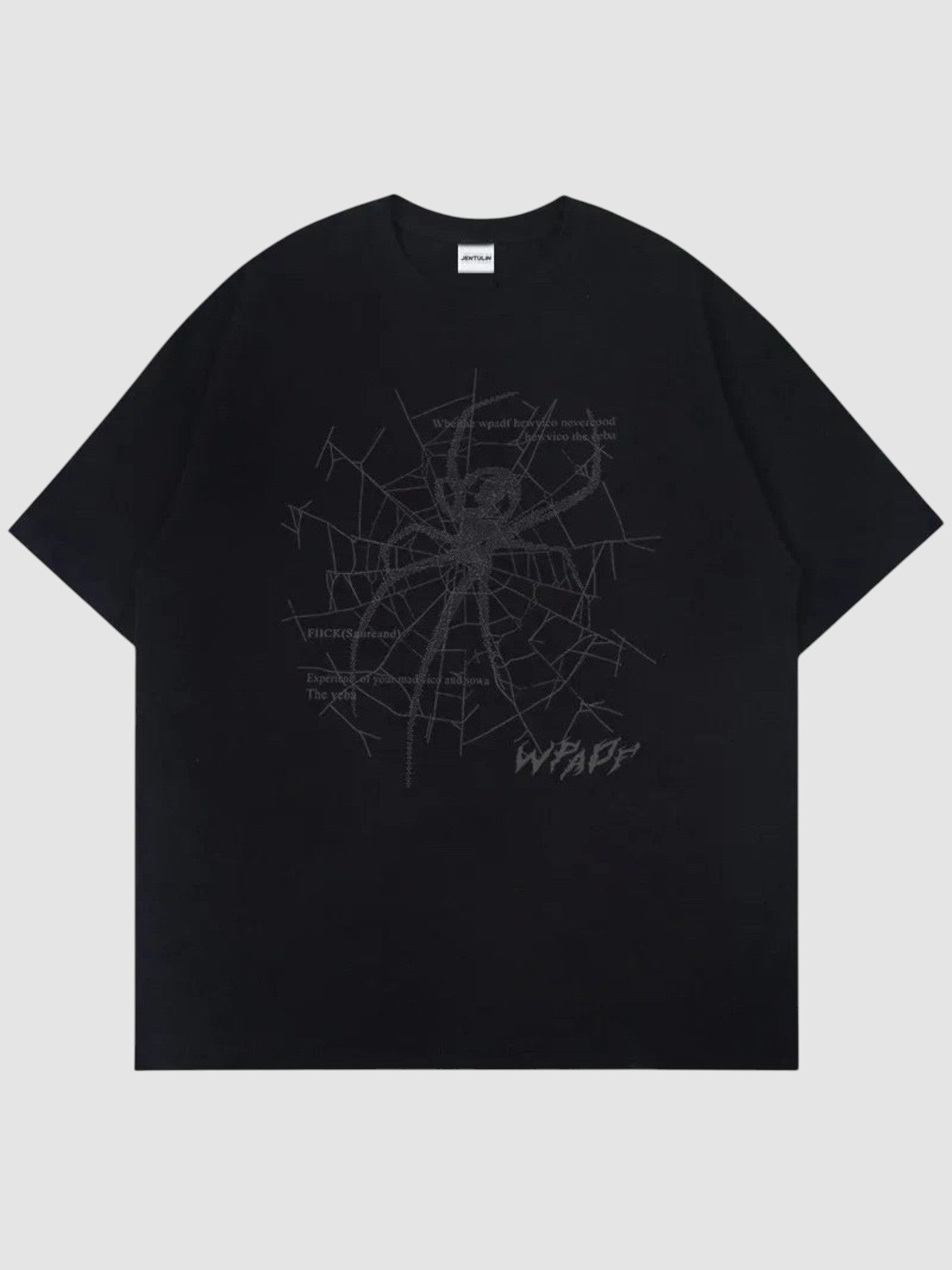 Y2K Avenue black oversized t-shirt featuring a dark grey spider web print and gothic lettering on the front.
