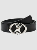 Y2K Avenue black faux leather belt featuring a shiny silver star-shaped buckle with a sleek, modern design.