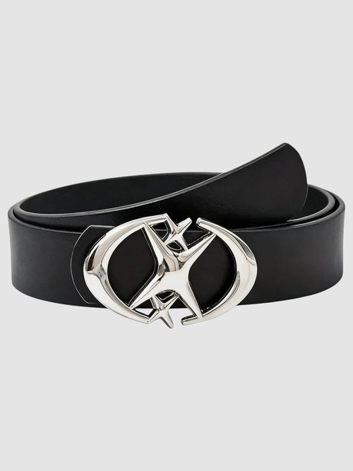 Y2K Avenue black faux leather belt featuring a shiny silver star-shaped buckle with a sleek, modern design.