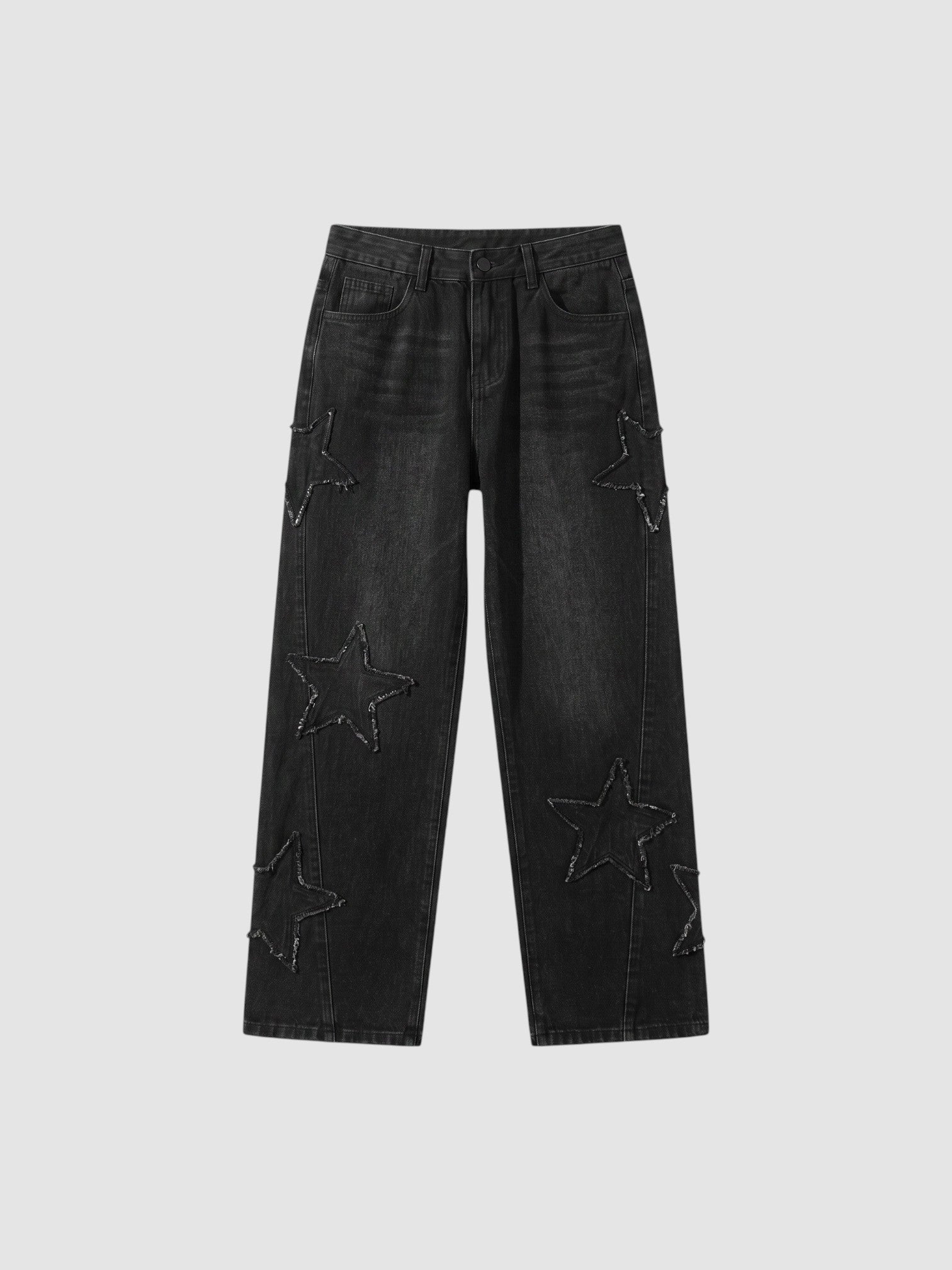 Y2K Avenue black denim jeans featuring raw-edge stitched star appliqués in a regular fit with a button fly.