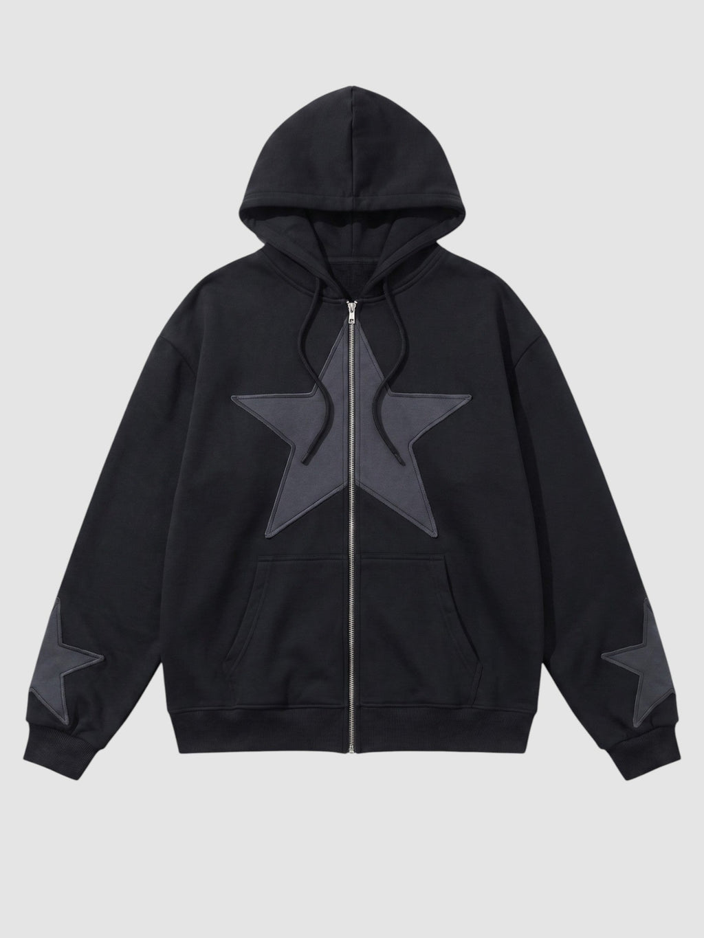 Y2K Avenue black zip-up hoodie with large grey star patch on chest and smaller stars on sleeves, oversized fit