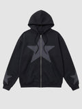 Y2K Avenue black zip-up hoodie with large grey star patch on chest and smaller stars on sleeves, oversized fit