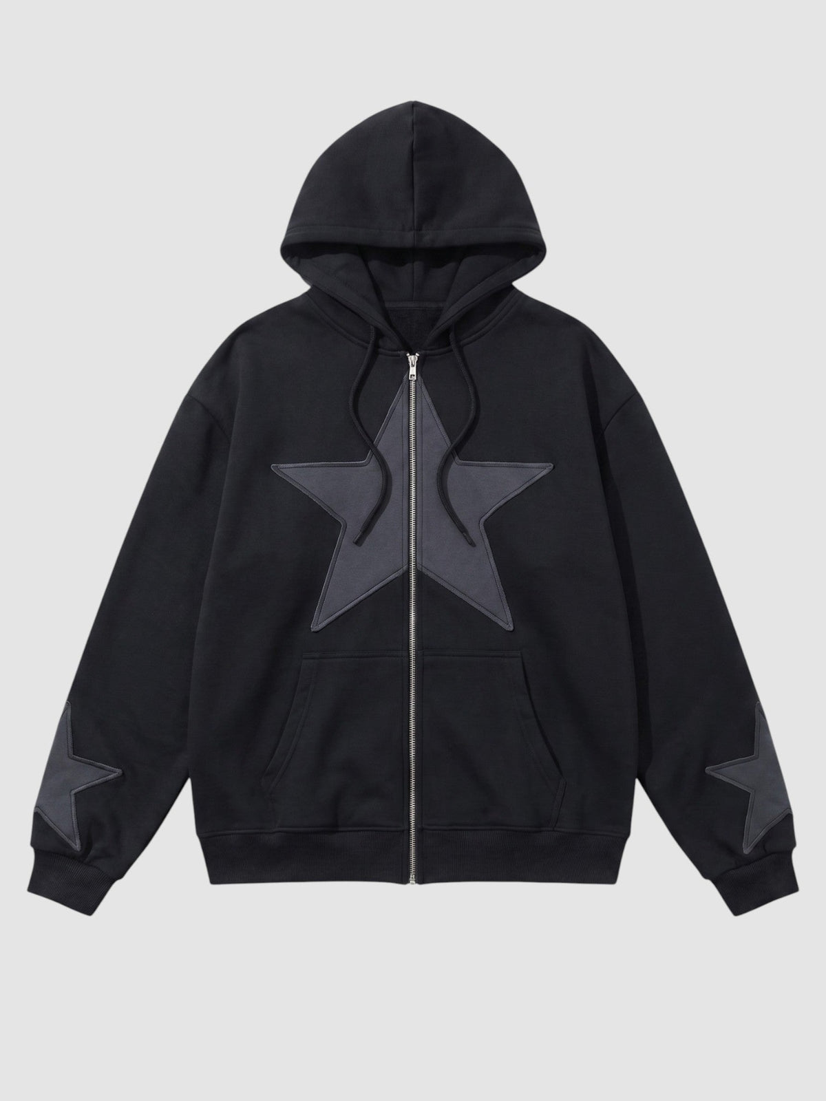 Y2K Avenue black zip-up hoodie with large grey star patch on chest and smaller stars on sleeves, oversized fit