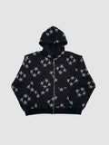 Y2K Avenue black zip-up hoodie featuring an all-over grey star pattern, hood, and front pockets.