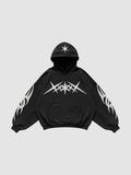 Y2K Avenue oversized black washed hoodie with white tribal flame prints on sleeves and star graphic on the hood.