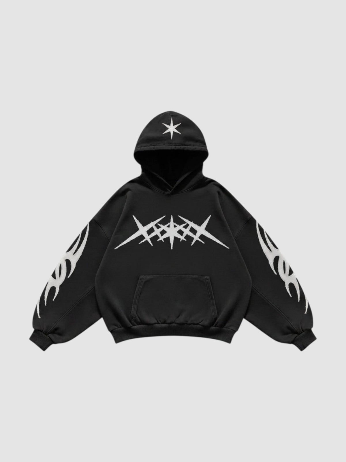Y2K Avenue oversized black washed hoodie with white tribal flame prints on sleeves and star graphic on the hood.