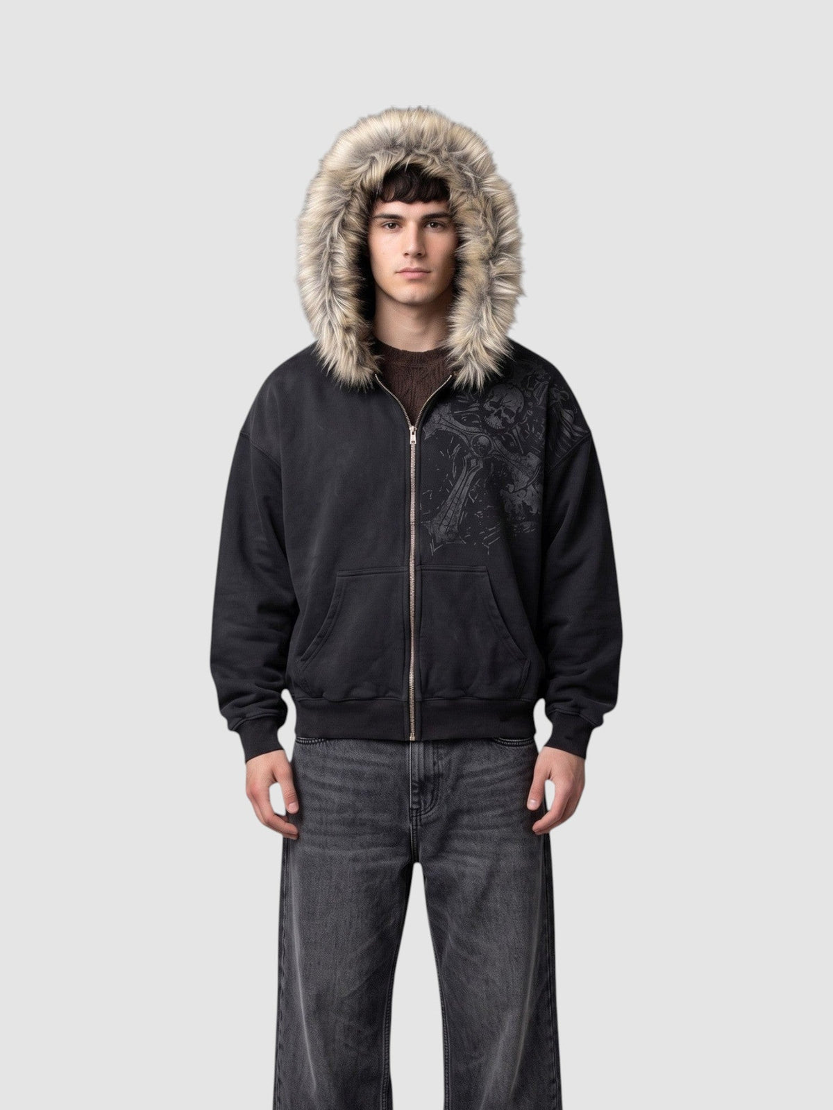 Y2K Avenue black washed grunge zip-up hoodie with faux fur hood and silver graphic print worn by a male model