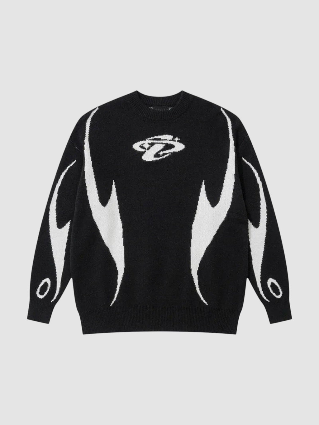Y2K AVENUE black and white knit sweater featuring an abstract flame motif and a small embroidered chest logo.