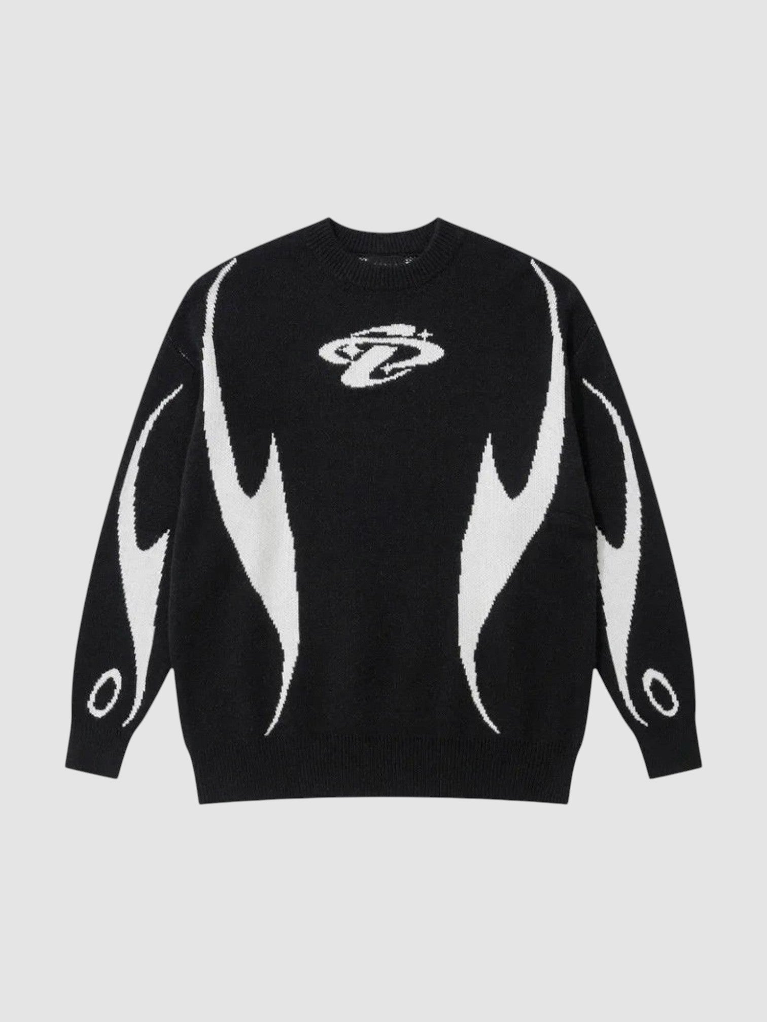 Y2K AVENUE black and white knit sweater featuring an abstract flame motif and a small embroidered chest logo.