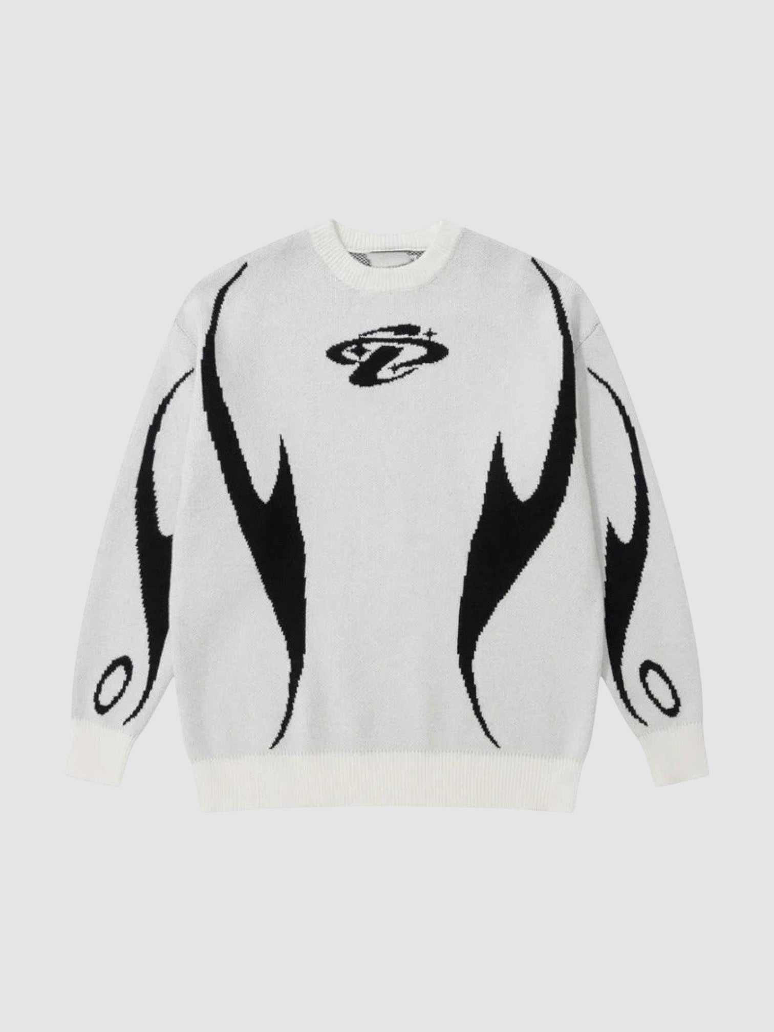 Y2K AVENUE black and white knit sweater featuring an abstract flame motif and a small embroidered chest logo.