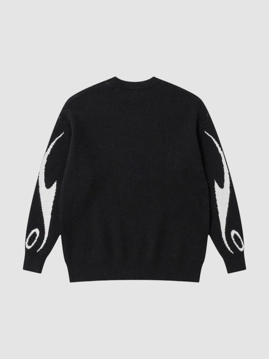 Y2K AVENUE black knit sweater with white flame motifs on the sleeves and a relaxed fit, back view.