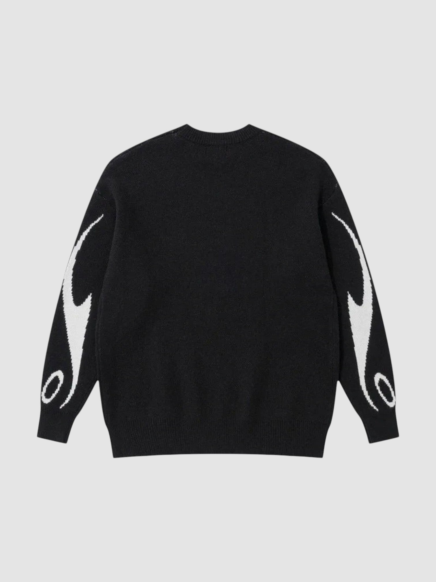 Y2K AVENUE black knit sweater with white flame motifs on the sleeves and a relaxed fit, back view.