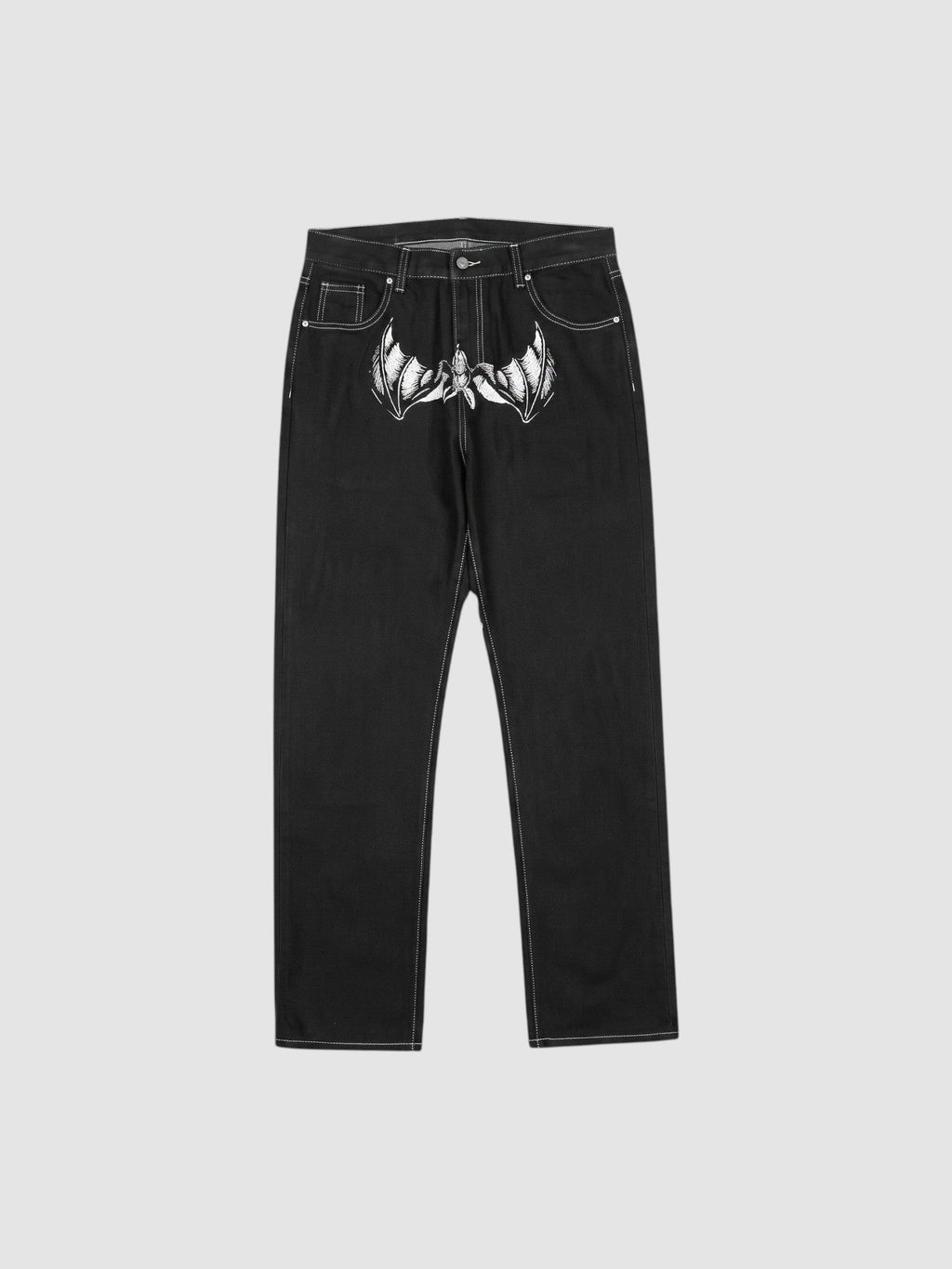 Y2K Avenue black straight-leg denim jeans featuring white wing prints on the front and contrast white stitching.