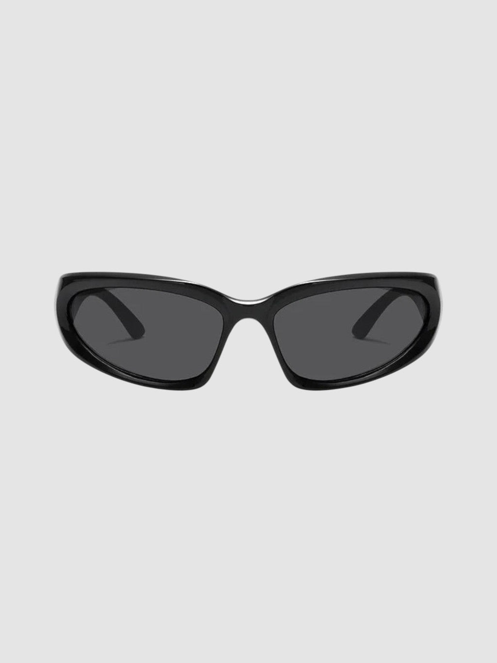 Y2K Avenue matte black wraparound gorpcore sunglasses with dark grey tinted lenses for an active techwear look.