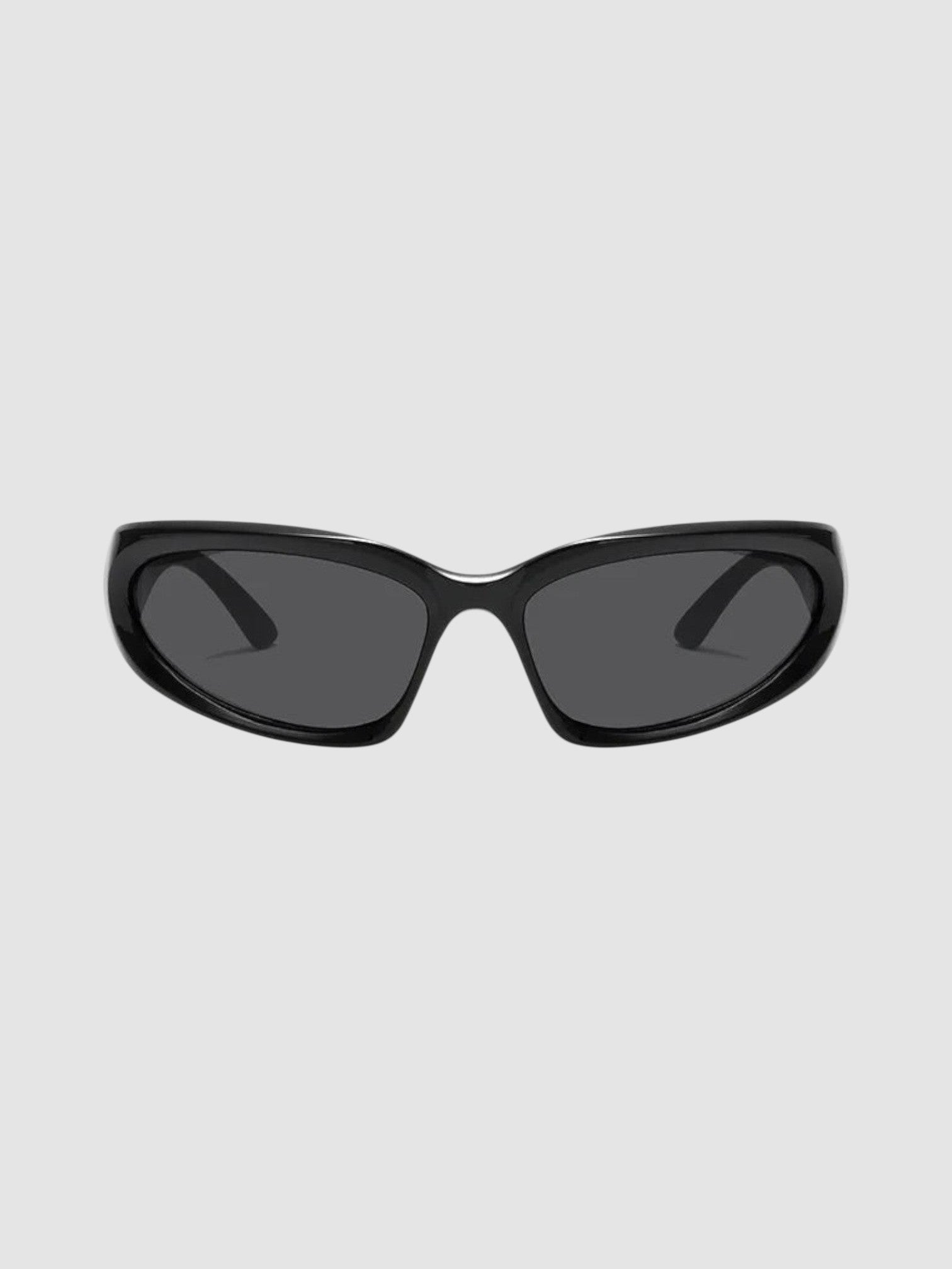 Y2K Avenue matte black wraparound gorpcore sunglasses with dark grey tinted lenses for an active techwear look.