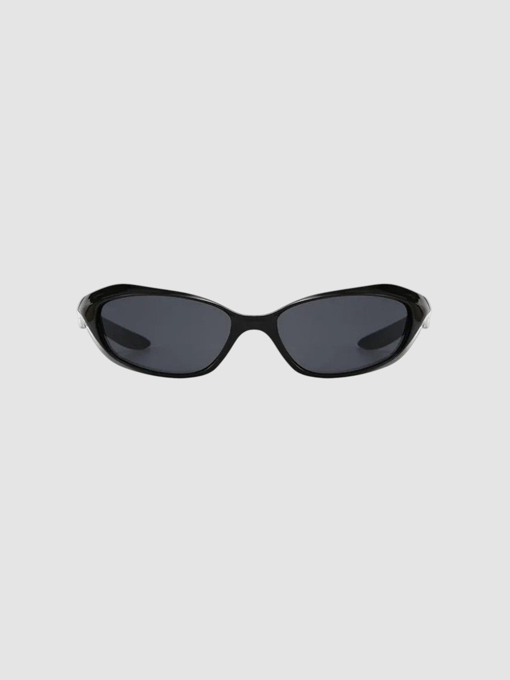 Y2K Avenue black wraparound sunglasses with dark tinted lenses and a sleek, aerodynamic frame design.