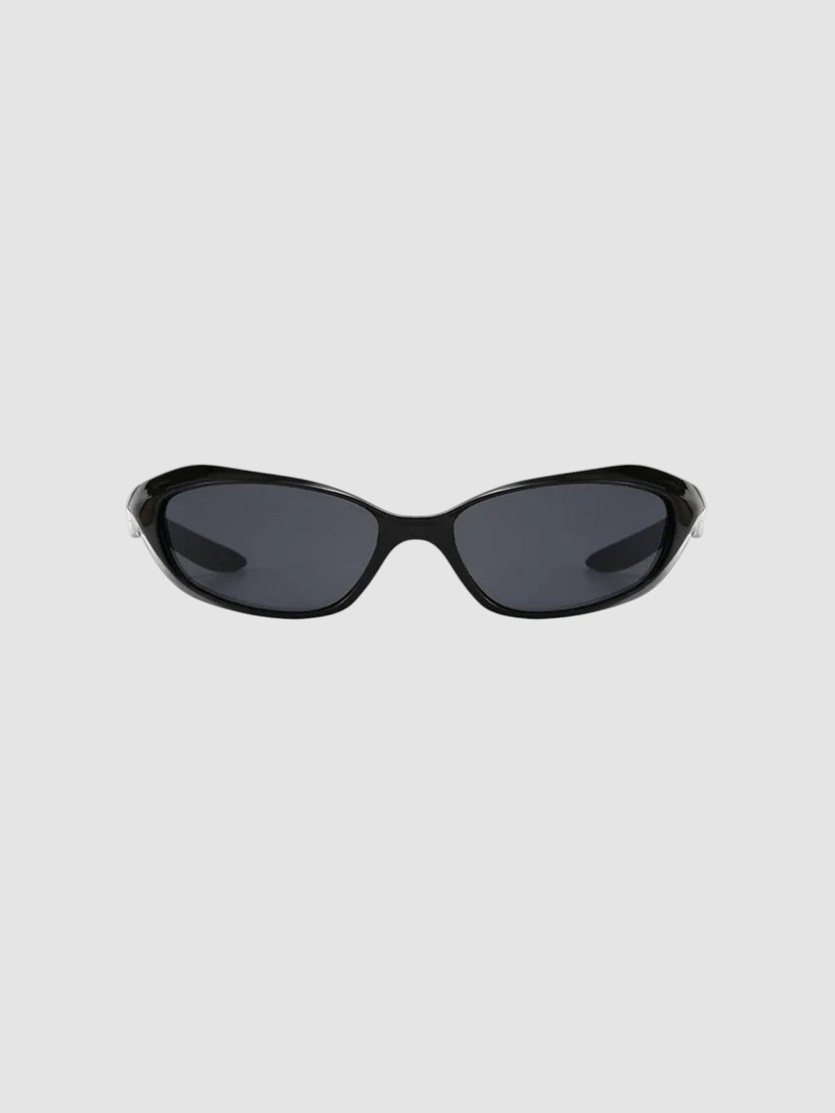 Y2K Avenue black wraparound sunglasses with dark tinted lenses and a sleek, aerodynamic frame design.