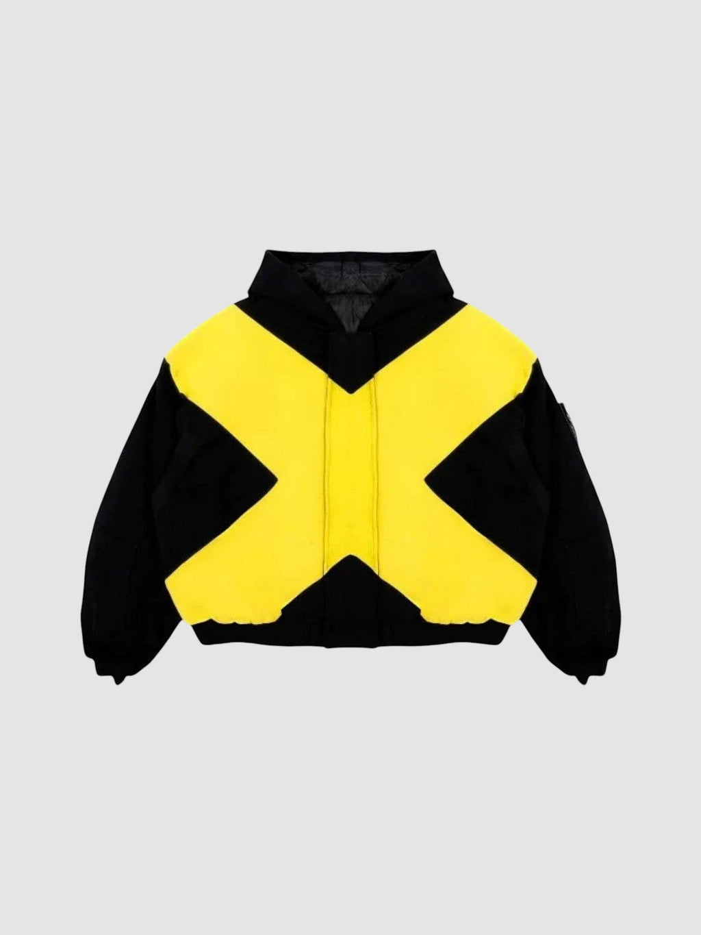 Y2K Avenue black and yellow bomber jacket with a large cross design, high collar, and cropped ribbed hem.