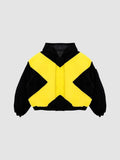 Y2K Avenue black and yellow bomber jacket with a large cross design, high collar, and cropped ribbed hem.