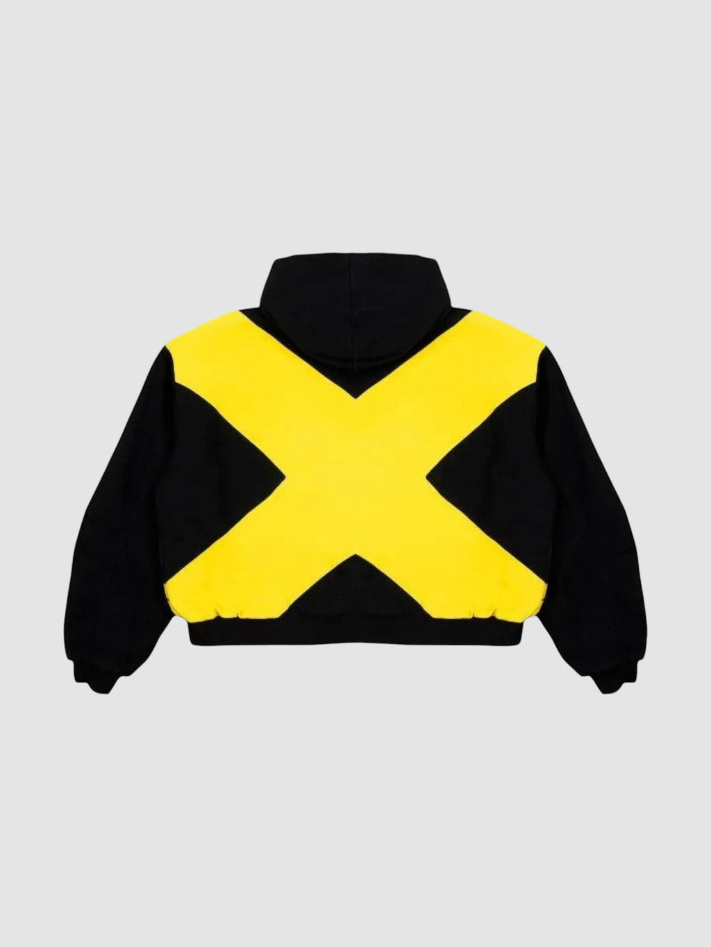 Y2K Avenue black bomber jacket with a large yellow cross design on the back and a high collar.