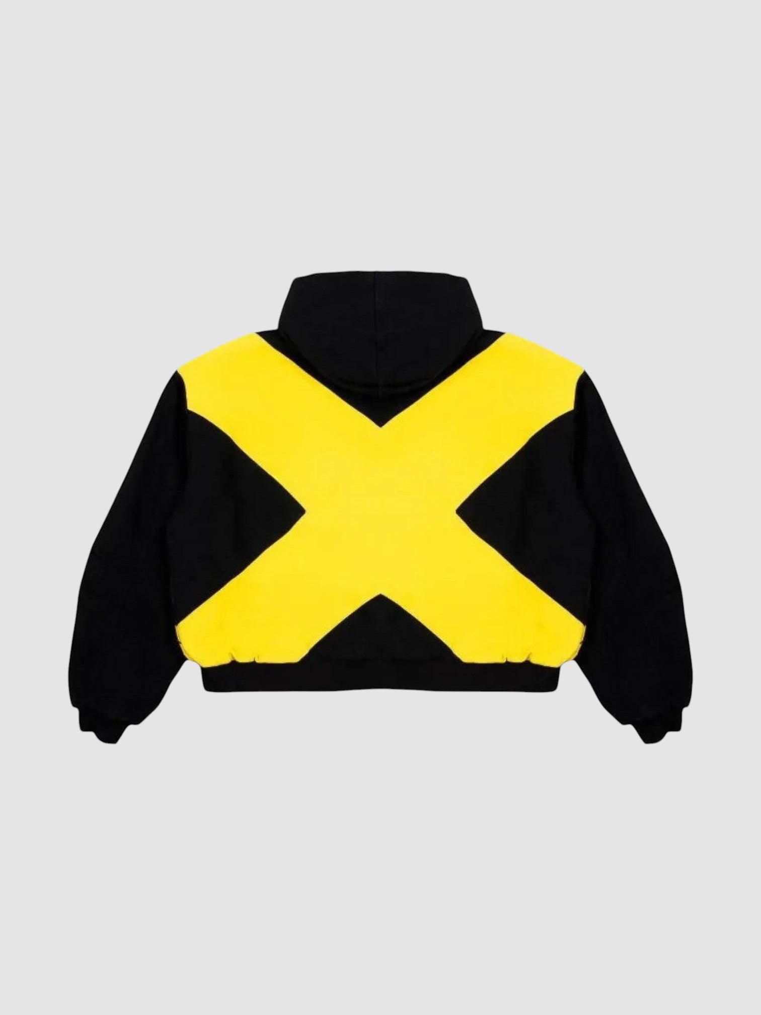 Y2K Avenue black bomber jacket with a large yellow cross design on the back and a high collar.
