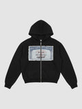 Y2K Avenue black zip-up hoodie featuring a Social Security card graphic print on the chest and a metal front zipper.