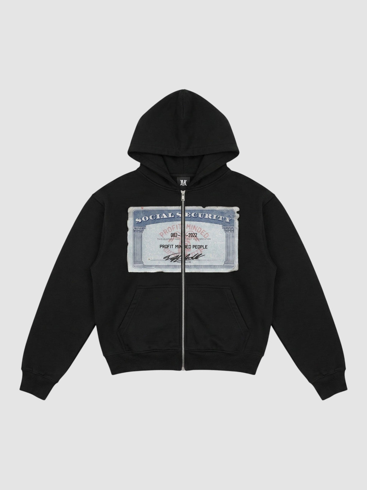 Y2K Avenue black zip-up hoodie featuring a Social Security card graphic print on the chest and a metal front zipper.